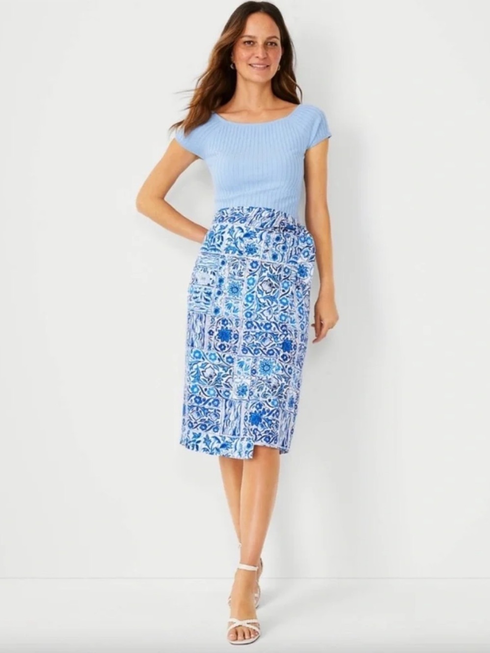Ann Taylor Blue & White Tile Floral Print Wrap Skirt Mediterranean Chinoiserie 8